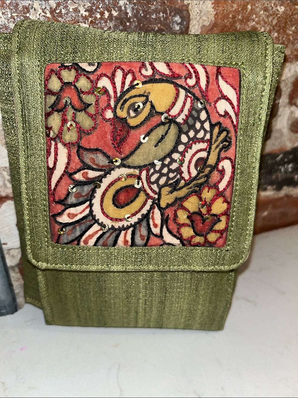 Olive Green Fabric Earrings Pouch with Embroidered Floral Panel